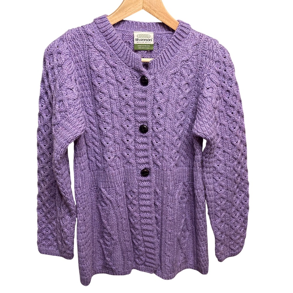 Shannon Woolen Mills Purple Merino Wool Aran Cable Knit Cardigan Made in Ireland